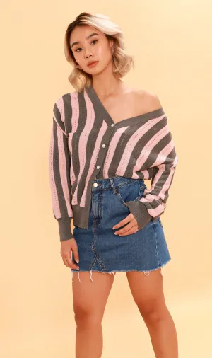 AUDREY Striped Button-Down Cardi (Pink/Gray)