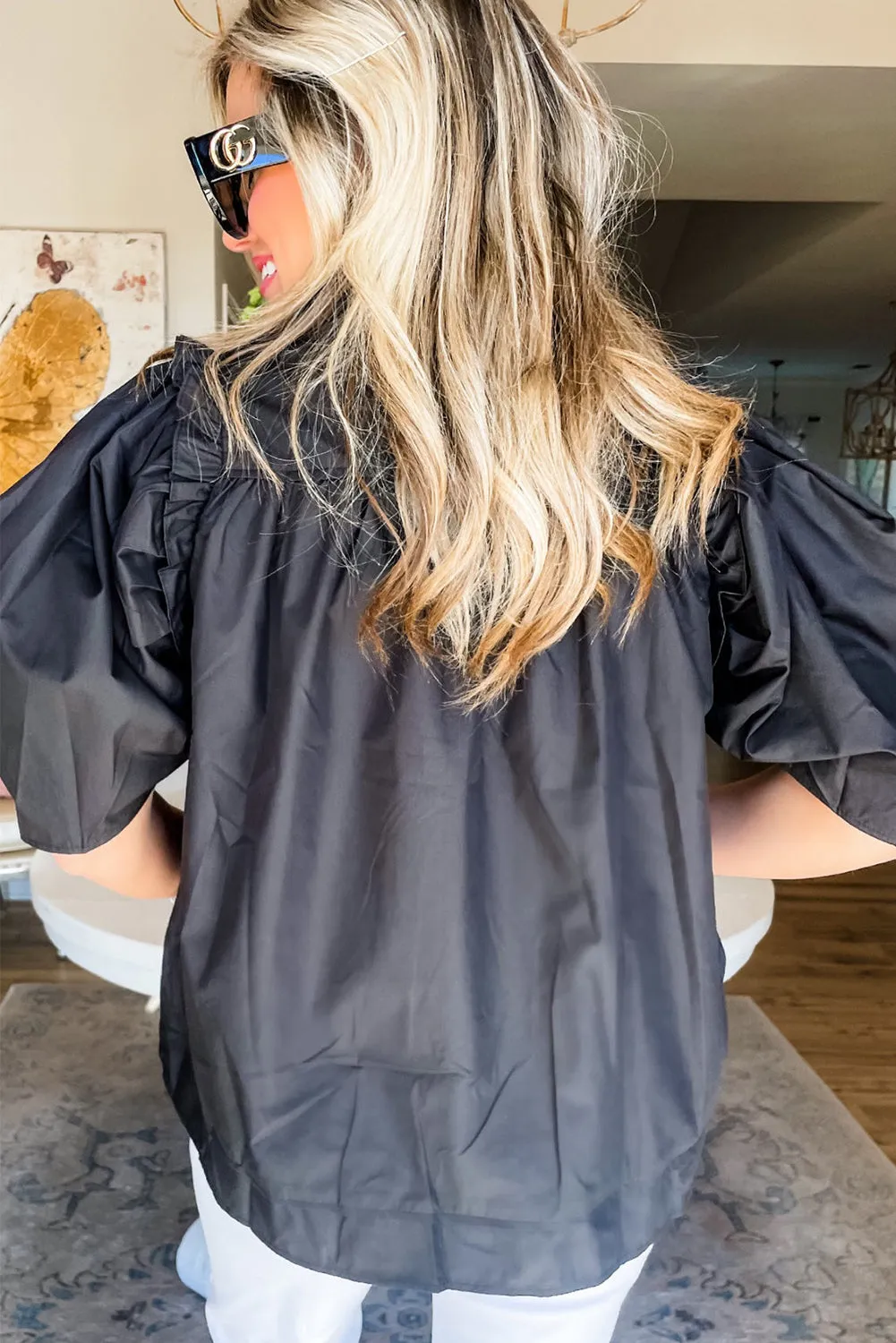 Black Crisp Puff Sleeve Loose Shirt