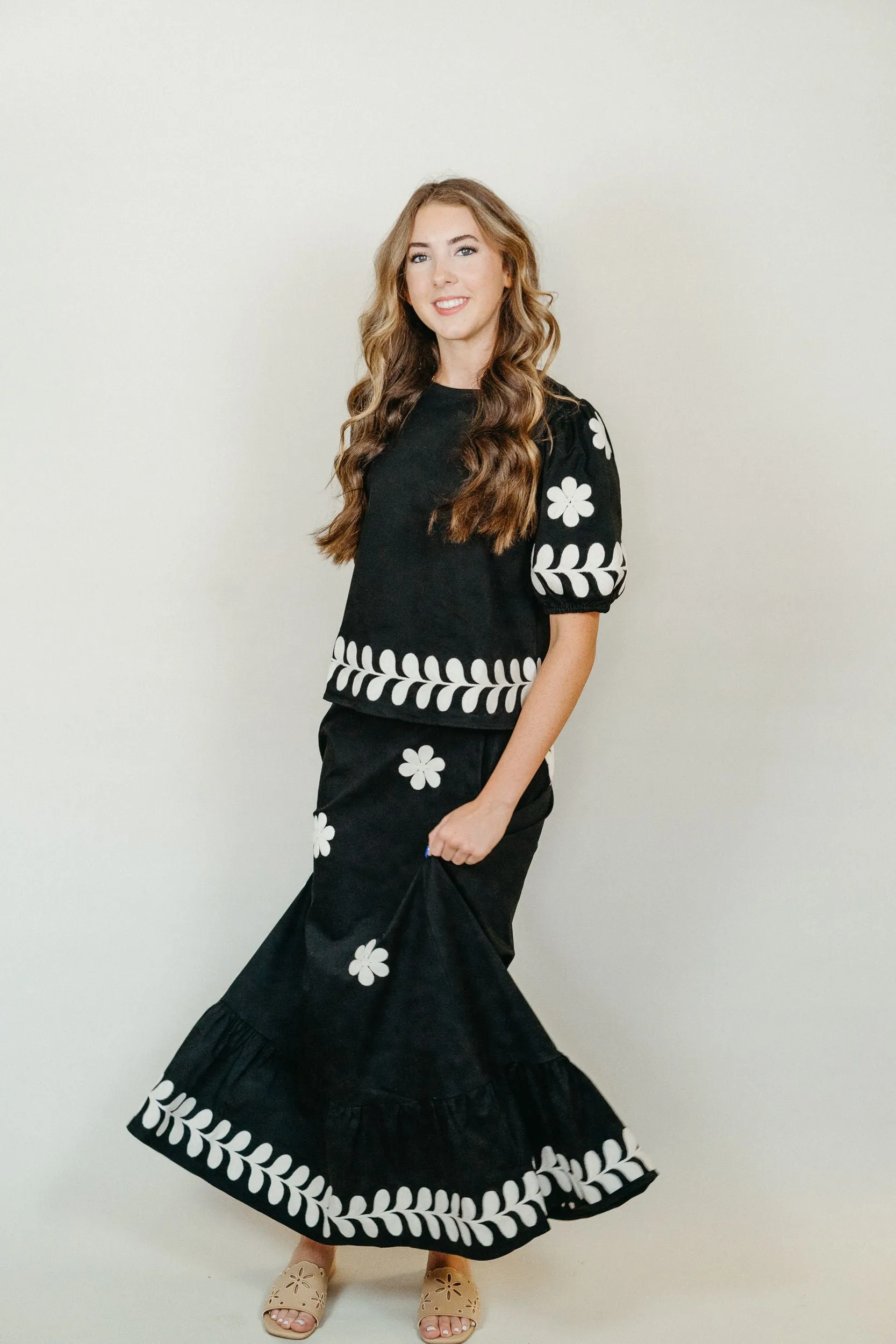 Black Embroidered Puff Sleeve Top T-50252-JK