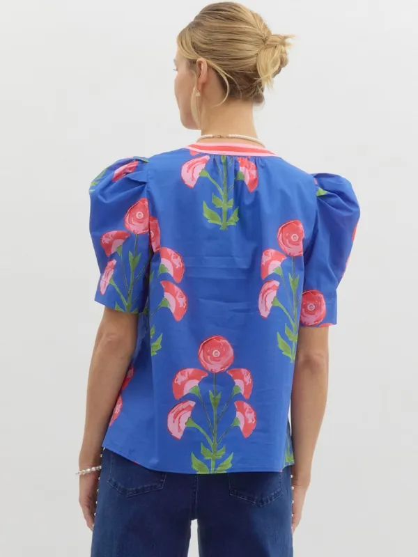 Coral   Blue Floral Puff Sleeve Top