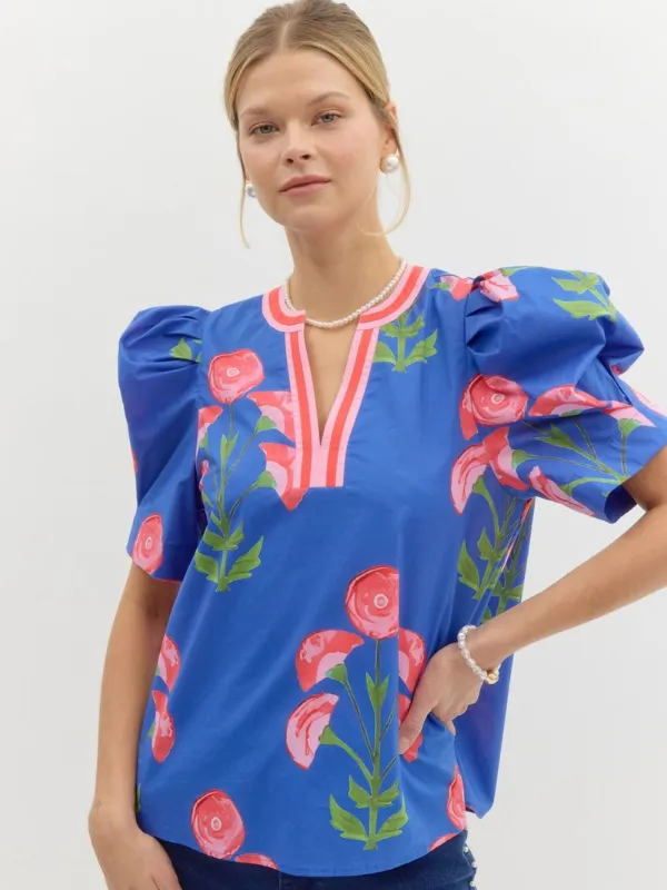Coral   Blue Floral Puff Sleeve Top