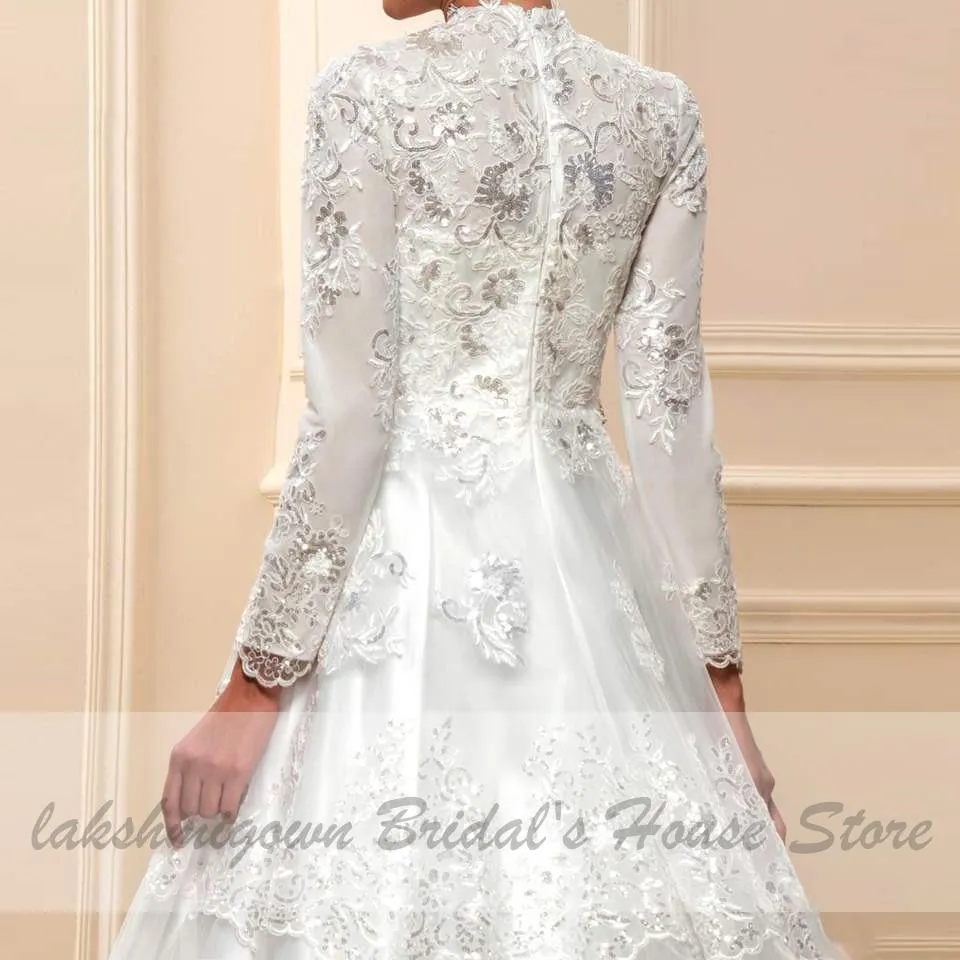 Elegant Long Sleeve Wedding Dress Glitter Lace Dubai Bridal Dresses
