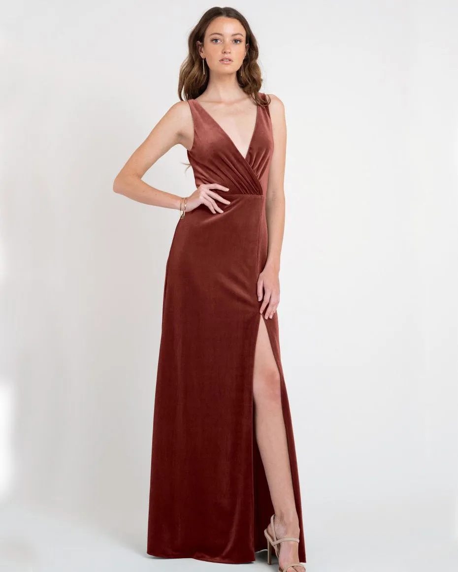 English Rose Long Bridesmaid Dresses Split V-Neck Stunning Velvet Party Dress for Bridesmaids
