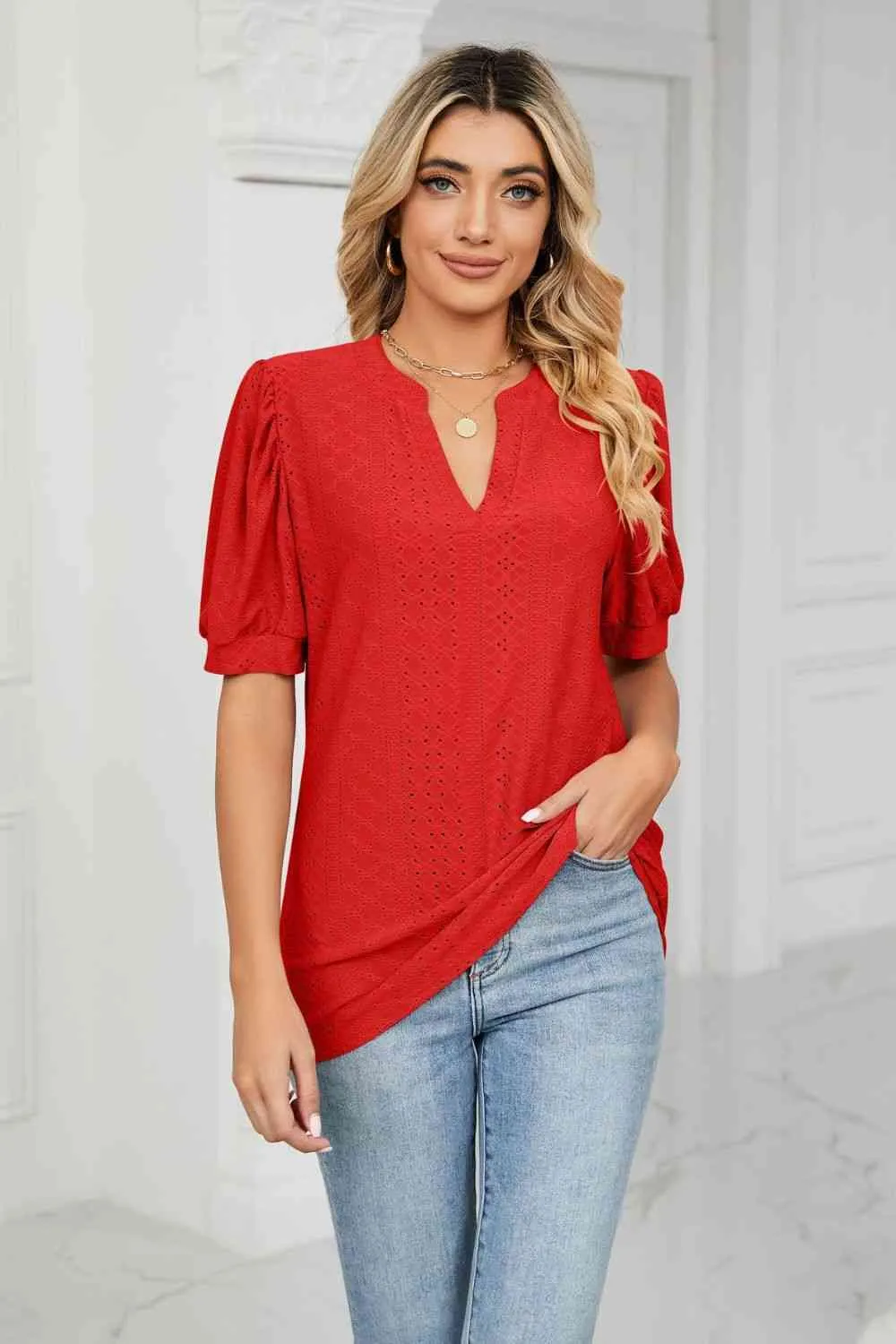 Eyelet Short Puff Sleeve Notched Neck Top (12 Colors)