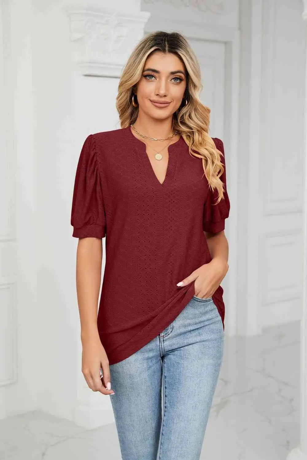 Eyelet Short Puff Sleeve Notched Neck Top (12 Colors)