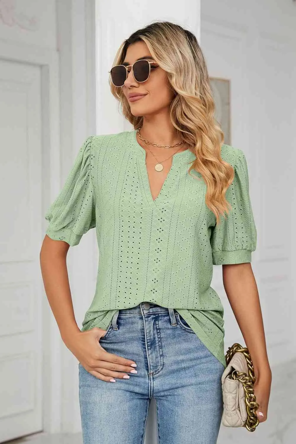 Eyelet Short Puff Sleeve Notched Neck Top (12 Colors)