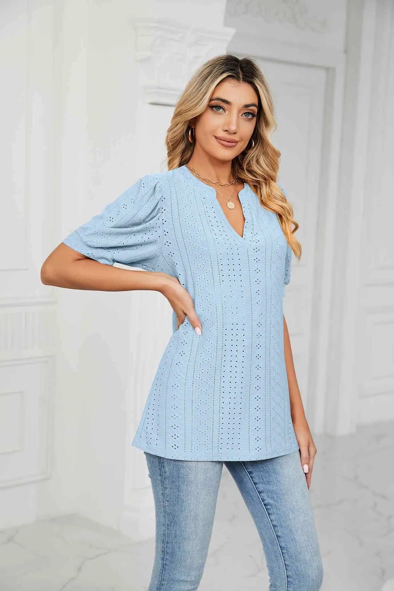 Eyelet Short Puff Sleeve Notched Neck Top (12 Colors)