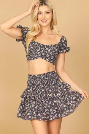 FLORAL PUFF SLEEVE CROSS CROP TOP & RUFFLE SKIRT SET