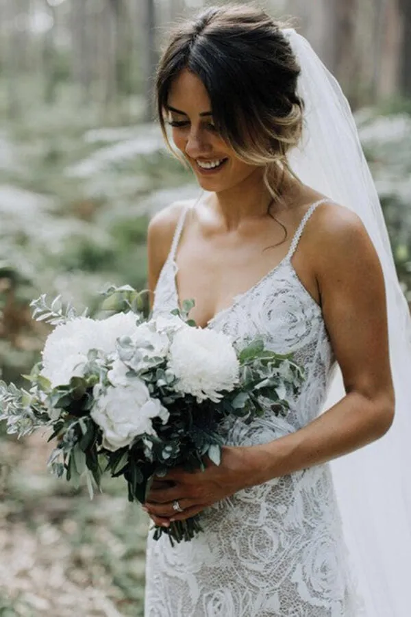 Lace Sheath Backless Spaghetti Straps Beach Wedding Dress, Wedding Gown, MW657