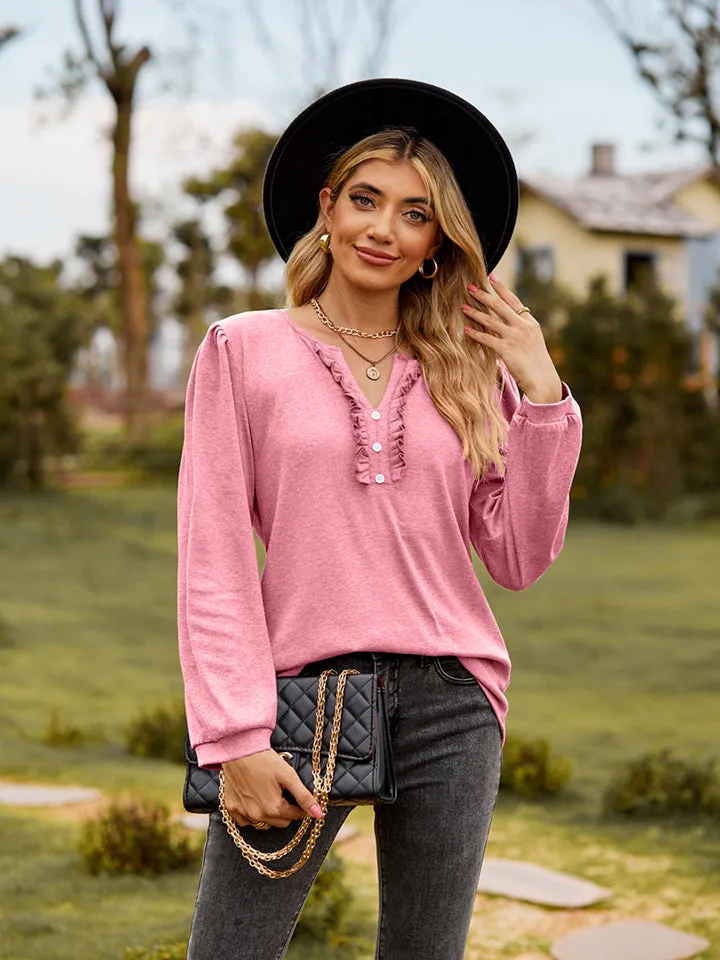Puff Sleeve Ruffle Trim Blouse (5 Colors)