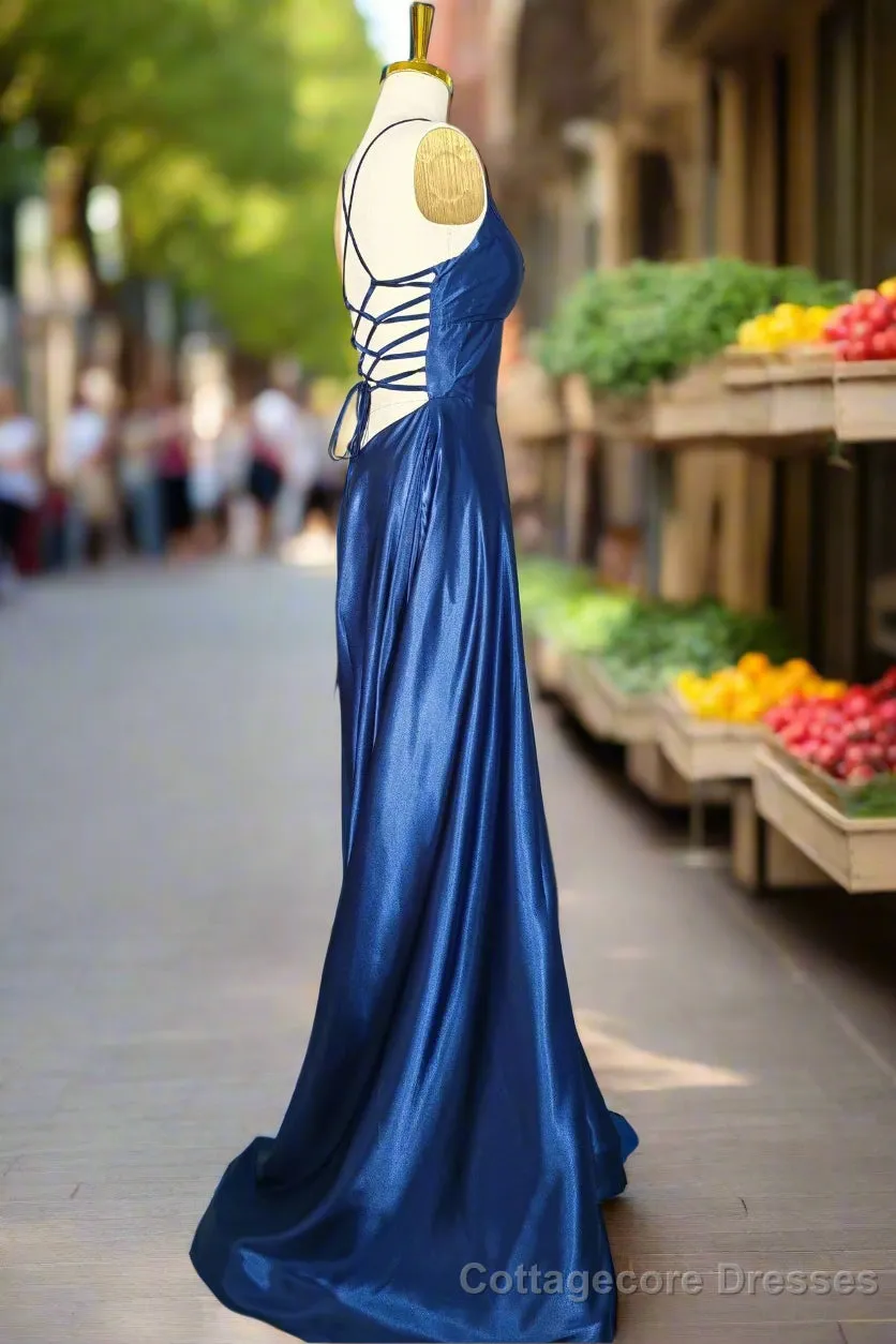 Royal Blue A-line V Neck Prom Dresses Spaghetti Straps Long/Floor-Length Charmeuse Fromal Dresses With Pleated