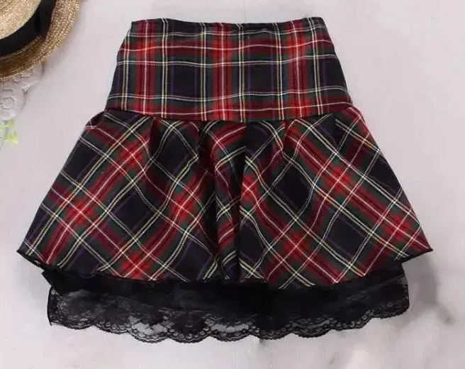 S-XXXL Women Uniform Skirt Red Plaid Plus Size High Quality Preppy style Lace Hem With Lining Elastic Waist Student Girl Bottoms