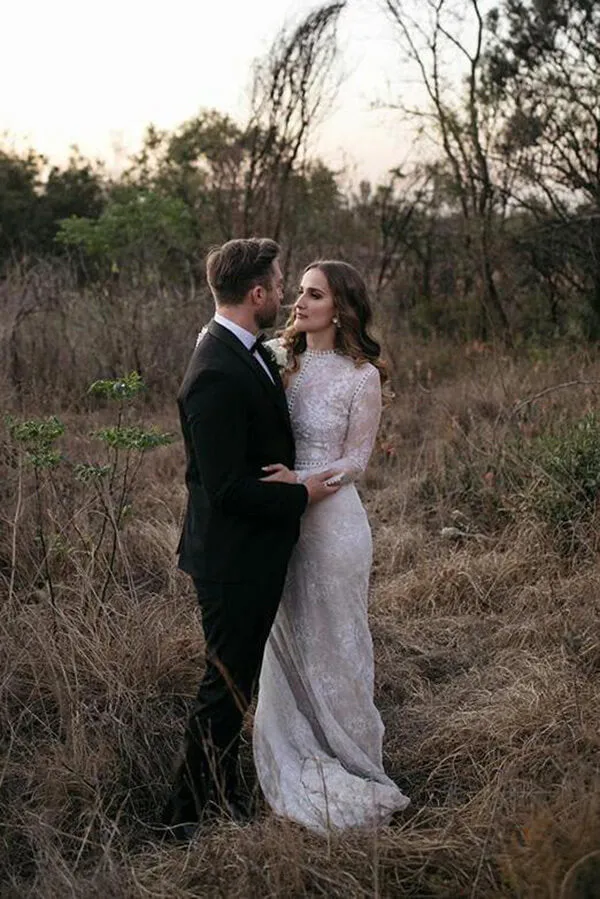 Sheath Lace Long Sleeves Beaded Wedding Dresses, Vintage Bridal Gown, MW813