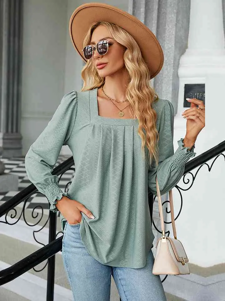 Square Neck Puff Sleeve Blouse (4 Colors)