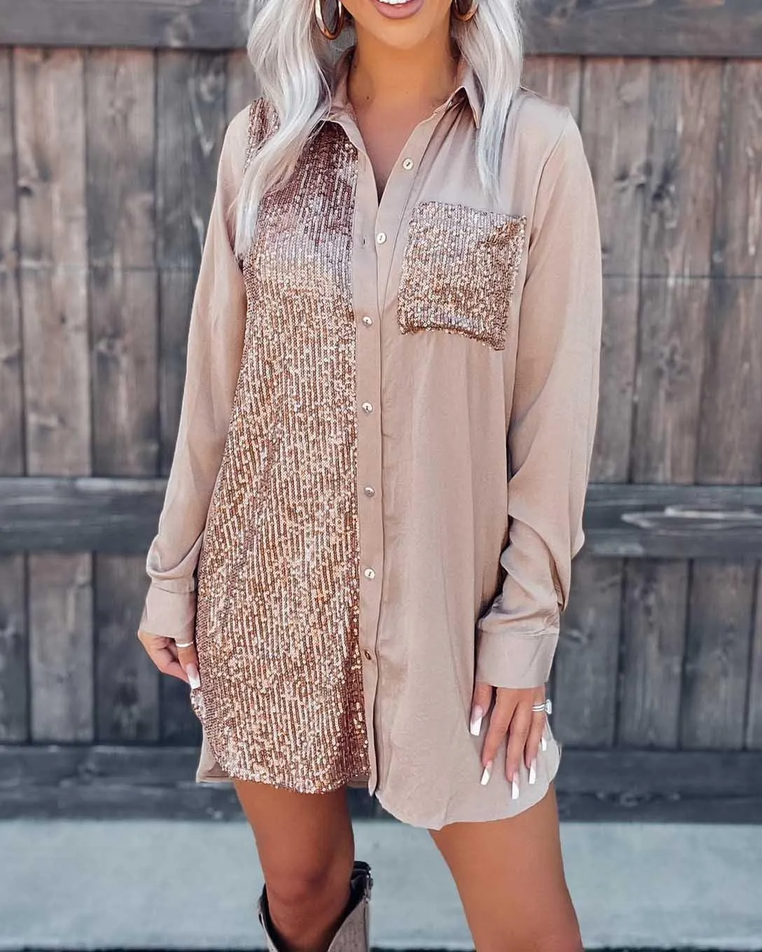 Stunncal Satin Sequin Button Down Shirt Dress
