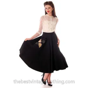 Vintage Quilted Circle Skirt Black Gold Glittery Leaf Motif Pocket 1940s 24 Waist